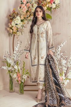 Vanilla Satin | Pakistani Designer Outfit | Sarosh Salman Stylish Indian Outfits, Net Shirt, Designer Outfit, Embroidered Motifs, Shirt Pant, Printed Dupatta, Eid Dresses, Pakistan Fashion, Beautiful Dress Designs