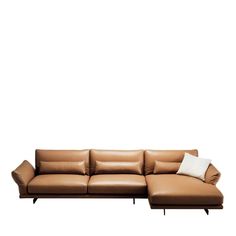 a brown leather sectional sofa with pillows on the top and bottom, in front of a white background