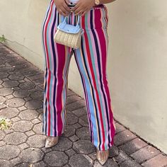 Brand New Wore Once Stretch Multicolor Pants For Day Out, Casual Multicolor Pants For Day Out, Multicolor High-waisted Pants, Trendy Striped Pants For Day Out, Fitted Multicolor Pants For Day Out, Fashion Nova Plus Size, Denim Short Jumpsuit, Fashion Nova Jumpsuit, Blue Dress Pants