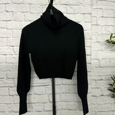 Perfect Condition Size Small Winter High Neck Black Tops, Fitted Black Crop Top For Winter, Fitted Black Turtleneck Sweater, Black Stretch Crop Top For Fall, Black Stretch Cropped Sweater, Black Fitted Turtleneck Sweater, Stretch Cropped Black Sweater, Trendy Fitted Black Sweater, Black Crew Neck Winter Crop Top