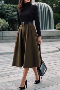 Skirt And Dress Work Outfits, Midi Dress Long Sleeve Classy, Midi Skirt Dress, Winter Work Outfits For Women Dress, Long Sleeve Top And Skirt Outfit, Business Casual Dresses For Women Classy, Winter Fashion Elegant, Classic Sophisticated Style Fashion, Classic Winter Outfits Classy