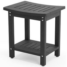 a black wooden side table with one shelf on the bottom and two shelves below it