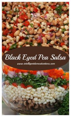 black eyed pea salad in a glass bowl with the title overlay reads, black eyed pea salad