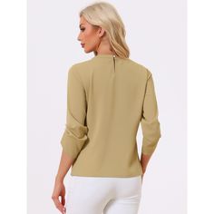 A comfy solid-color shirt is updated with perfectly pleated 3/4 sleeves for understated charm. Made of soft Chiffon fabric, this button-closure blouse with keyhole back detailing is designed for easy-to-wear, and ensures you stay comfy all day long. Styled with a simple round neck with a keyhole along with delicate pleated details on the 3/4 sleeves, it brings elegant impact to your basic wardrobe. Womens Office, Basic Wardrobe, Satin Blouses, Tie Neck Blouse, Elegant Blouses, Chiffon Long Sleeve, Solid Color Shirt, Color Shirt, Wardrobe Basics