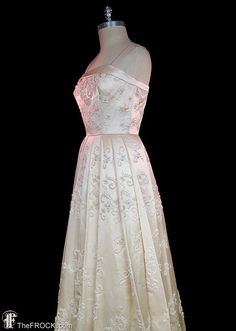 "BIG NEWS After 22 years, our website, TheFROCK.com, has had a makeover. Check out the new site, and join our mailing list for new arrivals.   1950s Elizabeth Arden pearl and opalescent glass beaded silk satin gown. Boned, princess-seamed bodice has satin straps and a welted waist seam. Silk lined. Skirt is pleated with the elaborate beadwork continuing deep inside the tailored pleats. Hidden rear metal zipper, tulle crinoline. Excellent condition with only subtle satin wear. Measures bust 34\" Wedding Dress Silk, Fairytale Gown, 1950s Wedding, Beaded Wedding Dress, Life Styles, Beaded Wedding, Princess Wedding Dresses, Satin Gown, Dress Silk