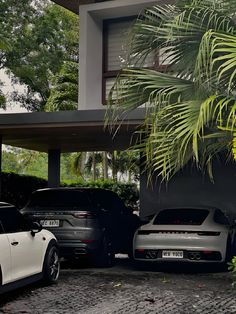 two porsches parked in front of a house with palm trees on the other side