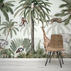 Tropical Jive Wallpaper Mural In Room With Rattan Chair Seaside Wallpaper, Friendly Animals, Wallpaper Art Deco, Kindergarten Wallpaper, Safari Wallpaper, Mint Background, Green Jungle, Nursery Mural, Wallpaper Roller