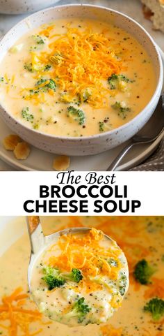 broccoli cheese soup in a white bowl with a spoon on the side and an image of broccoli