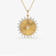 14k Baguette and Round Diamond Disc Ray Necklace – FERKOS FJ Gold Colors, Diamond Carat, Baguette Diamond, Necklace Sizes, Eternity Bands, Diamond Gemstone, Gold Yellow, Round Diamond, Round Diamonds