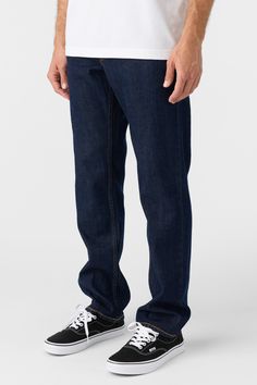 A classic style 5-pocket denim pant that features a straight leg, regular fit design, darker indigo wash and durable construction. O'Neill Men's selvedge denim pant 16" Leg opening 32" Inseam 5 Pocket styling Regular fit Indigo wash Back patch detail 99% Cotton, 1% Elastane Dark Wash Relaxed Fit Jeans With Standard Cut Leg, Dark Wash Selvedge Jeans With Straight Hem, Dark Wash Relaxed Fit Jeans, Dark Wash Recycled Denim Jeans, Dark Wash Straight Leg Rigid Denim Jeans, Selvedge Straight Denim Jeans, Classic Dark Wash Standard Cut Jeans, Classic Dark Wash Jeans With Standard Cut Leg, Dark Wash Straight Selvedge Jeans