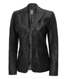 Two Button Women's Black Leather Blazer
Here you go ladies, Fanjackets has produced this Two Button Women's Black Leather Blazer at a price that you would all choose on wearing it at work. The black leather blazer for women indeed looks stylish, with a wide lapel collar and front two buttoned closures. Inside polyester lining has been applied and two flap pockets are made on the waist part to keep your belongings safe. Asymmetrical Leather Jacket, Maroon Leather Jacket, Leather Blazer Women, Black Leather Blazer, Tan Leather Jackets, Blazer For Women, Black Leather Moto Jacket, Black Leather Biker Jacket, Leather Jacket With Hood