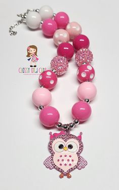 This listing is for one Pink Owl bubblegum necklace.  Necklace measures from 16inches in length or up to 24 inches.  **Choose your length.  20mm acrylic chunky beads in hot pink, pink, white and polka dot beads.  Pink rhinestone beads.   6mm silver spacer beads. Pendant measures 2 inches made of metal, enamel and crystals. Lobster clasp closure with a 2 inch extender chain. Product color may differ slightly due to photographic lighting sources or your monitor/cell phone settings. Bubblegum Necklace, Beads Pendant, Pink Owl, Owl Necklace, Chunky Beads, Chewing Gum, Rhinestone Bead, Pink Rhinestones, Pink Pink