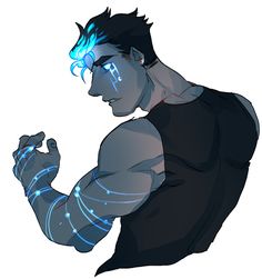 a man in black shirt with blue lights on his arm