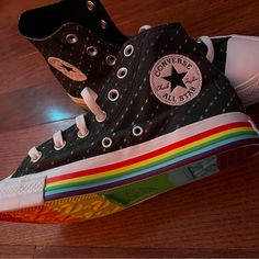 [Nwot] Converse Limited Edition Pride Edition These Are Super Cool Limited Edition Pride Edition Converse High Tops With Rainbow Lightning Bolts On Black. Soles Are Rainbow On Sides And Bottom Both. Finding This Style In Mint Condition Is Pretty Rare, So Grab Them While You Can. Brand: Converse Size: Women's 7; Men's 5 Style: High Tops With Rainbow Soles Condition: Mint / Never Worn.. Have Been Stored In A Plastic Show Box In A Smoke Free, Perfume Free, Cat Free Home. Feel Free To Comment Or Mes Converse With Butterflies, Converse Makeover, Rainbow Aesthetic Outfit, Costom Shoes, Punk Converse, Decorated Converse, Pride Converse, Converse Rainbow, Converse One Star Shoes