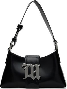 Buffed leather shoulder bag in black. · Adjustable shoulder strap · Logo hardware at face · Magnetic flap and zip closure · Logo-woven twill lining · Logo-engraved silver-tone hardware · H4.5 x W10 x D2.5 Supplier color: Black Rectangular Leather Shoulder Bag With Silver-tone Logo, Business Bags With Silver-tone Logo Plaque, Leather Top Handle Bag With Silver-tone Logo Plaque, Formal Silver Shoulder Bag With Logo Hardware, Silver Bags With Logo Hardware For Formal Occasions, Formal Silver Bags With Logo Hardware, Leather Top Handle Shoulder Bag With Silver-tone Logo, Leather Shoulder Bag With Silver-tone Logo, Black Bag With Silver-tone Logo For Everyday Use