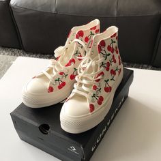 Brand New. Never Worn. I Call These The “Cherry Garcias��” Off White, W/ Red & Green Cherries. The Box Comes With It, But It’s Not The Best Shape. These Run Small, So They Can Fit A Women’s Size 7 And No Larger Than A 7.5 Shoe Size. Fruit Converse, Cherry Converse, Fruit Shoes, Cherry Shoes, Converse Collection, Converse Aesthetic, Chuck Taylor Converse, Green Cherries, Preppy Shoes