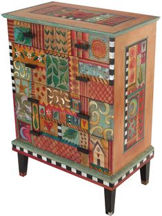 Tall Dresser –  Eclectic and colorful tall dresser with lovely romantic scrolling patterns throughout Whimsical Painted Furniture, Sticks Furniture, Whimsical Furniture, Dresser Design, Tall Dresser, Painted Chairs, Wooden Chest, Funky Painted Furniture, Funky Furniture