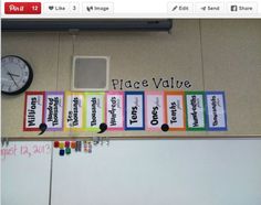 there is a clock on the wall next to place value signs