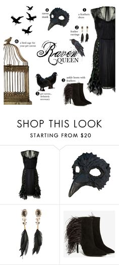 an advertisement for a fashion store with black feathers and masks on it's sides