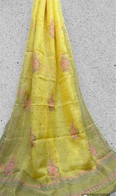 Beautiful Soft pure  organza silk  Saree 🥻  with blouse  Lucknowi chikan n Mukesh work dyeble Yellow Organza Unstitched Suit, Spring Chikankari Embroidered Dupatta In Tissue Silk, Spring Chikankari Embroidered Tissue Silk Dupatta, Spring Tissue Silk Dupatta With Chikankari Embroidery, Yellow Tissue Silk Saree With Chikankari Embroidery, Yellow Chikankari Embroidery Cotton Silk Saree, Yellow Chikankari Embroidered Cotton Silk Saree, Yellow Silk Blouse With Chikankari Embroidery, Traditional Summer Organza Dupatta