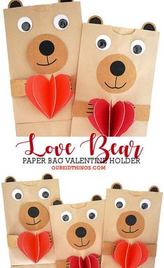 paper bag valentine's day crafts for kids with bear faces and hearts on them