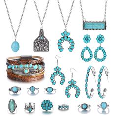 PRICES MAY VARY. 🌞【Western Turquoise Jewelry Set】：The Beautiful Bohemian Style Jewelry Set Includes 4 pcs Turquoise pendant necklace, 4 Pairs Of boho turquoise earrings, 1Pcs Layered Bracelet And 9Pcs western knuckle joint rings,These Beautiful Turquoise Jewelry Accessories Can Be Worn Alone Or Together. Various western jewelry style match your different outfit,making you more charming and unique. 💕【Meaningful Turquoise】Turquoise is a symbol of luck,strength,good luck and happiness. The turquo Western Turquoise Jewelry, Turquoise Jewelry Western, Rodeo Jewelry, Turquoise Jewelry Set, Cowgirl Accessories, Turquoise Dangle Earrings, Country Jewelry, Bohemian Style Jewelry, Dangle Earrings Boho