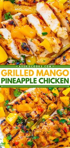 grilled mango pineapple chicken on a white plate with text overlay that reads grilled mango pineapple chicken