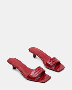 TRINITY Red Crocodile Square Toe Kitten Heel Mule | Women's Heels – Steve Madden Elegant Block Heel Mules, Elegant Fitted Mules With Block Heel, Chic Fitted Mules With Square Toe, Chic Fitted Kitten Heels With Block Heel, Low Heel Mules With Padded Heel, Classic Kitten Heels With Padded Heel And Square Toe, Trendy Low Heel Mules With Padded Heel, Trendy Mules With Padded Low Heel, Fitted Mules With Padded Low Heel