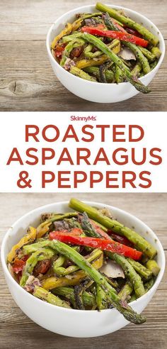 roasted asparagus and peppers in a white bowl on a wooden table with text overlay