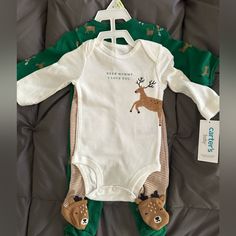 Nwt Carter’s 3-Piece Christmas Set: Includes Green Footie Pajamas With Reindeer Print, Deer Onesie With Matching Striped Footie Pants With Cute Deer Feet. Soft And Adorable! Deer Onesie, Flamingo Shorts, Girls Halloween Outfits, Fox Sweater, Baby Boy Pants, Footie Pajamas, Cute Deer