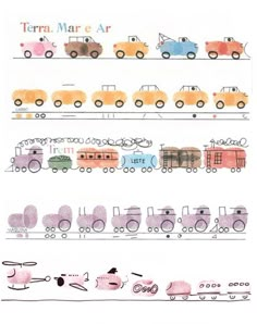 a drawing of different trains and cars on a white background with the words terra mar ar