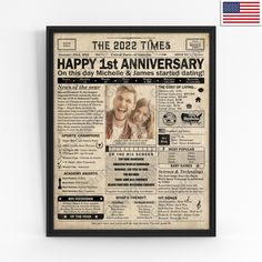 an old newspaper with the words happy 1st anniversary on it and a photo of two people