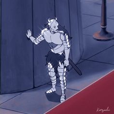 a drawing of a man in armor standing on a red carpet next to a building