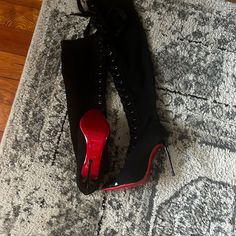 Gently Used Louboutin Lace Up Boots. Designer Black Knee-high Heeled Boots, Designer Thigh High Boots For Evening, Luxury Fitted Lace-up Boots, Party Boots With Red Sole And Lace-up Design, Fitted Boots With Red Sole For Night Out, Designer Knee-high Heeled Boots For Night Out, Luxury Black Knee-high Boots For Evening, Luxury Thigh High Boots For Evening, Luxury Lace-up Heeled Boots For Evening