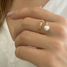 Genuine pearl ring! This is a Real pearl ring to wear as a Wedding Ring or offer as a Promise Ring. This Single Pearl Ring is a  Chunky Pearl Ring to wear even as a  Chevalier ring Handmade in Greece!   Material  925 Sterling Silver that is  double gold  filled with 24 Karats gold.  ✔️ Ideal for a look with stackable rings! ❤️️So Simple, So Dainty, So Romantic!❤️️ >> Size   Adjustable ring thanks to the open back part.    >>IS IT A GIFT? This june birthstone ring comes in a beautiful gift box. I Pearl Wedding Ring, Chunky Pearls, June Birthstone Ring, Single Pearl, June Birthstone, Real Pearls, Ring Promise, June Birth Stone, Christmas Gifts For Her