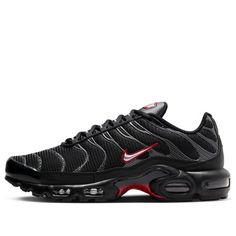 Nike Air Max Plus 'Black University Red Silver' HF4293-001 Black Sneakers With Red Sole For Outdoor, Outdoor Black Sneakers With Red Sole, Black Tns, Nike Air Max Plus Black, Vapor Max, Limited Edition Sneakers, Cute Sneakers, Sports Sneakers, Nike Air Max Plus