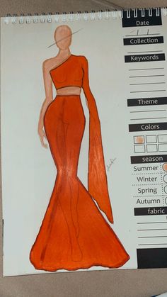 a drawing of a woman in an orange dress on a piece of paper with color swatches