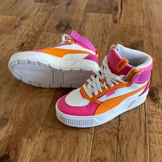 Tried On But Never Worn. Playful Orange Sneakers, Playful Orange Round Toe Sneakers, Trendy Pink Round Toe Sneakers, Trendy Pink Synthetic Sneakers, Pink Sneakers For Spring, Pink Lace-up Fun Sneakers, Pink Round Toe Sneakers, Pink High-top Fun Sneakers, Puma Shoes