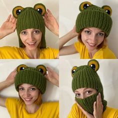 "This cute Frog balaclava is soft. The unique design keeps the ears warm and cosy thanks. This amazing frog balaclava is made from soft wool blend yarn. Perfect for any age. You can put it on to the snowboarding, skiing and walking. You will receive this item in a gift box. I can make this hat in any size, baby - adult. Please specify what size you would like. Fit tape measure snugly all the way around widest part of head approximately 1\" above the eyebrow, just above the ears and at the point Crochet Funny Projects, Knit Frog Hat, Frog Balaclava, Knit Animal Hat, Crochet Frog Hat, Ski Crochet, Crochet Funny, Womens Winter Hat, Crochet Mens Hat