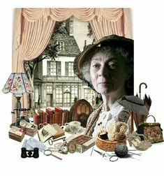 an old woman is surrounded by antique items and other things in front of a window