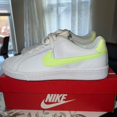 Nike Women’s Court Royale Size 9 New Neon Yellow Sneakers For Sports In Spring, Neon Yellow Sneakers For Spring Sports, Casual Neon Yellow Sneakers With Round Toe, Yellow Synthetic Sneakers For Spring, White Tennis Sneakers For Spring, Casual Neon Yellow Sneakers With Rubber Sole, Spring Tennis Low-top Sneakers, Spring Low-top Tennis Sneakers, Sporty Yellow Sneakers For Spring