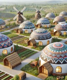 an artist's rendering of several round houses in a field with windmills behind them