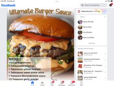 a facebook page with an image of a cheeseburger on the front and side