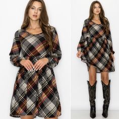 Beautiful Long Sleeve, So Ultra Soft, Plaid Dress Perfect For Your Fall Family Photos, Layering With A Cardigan In The Winter, As Well As Your Holiday Gatherings. This Dress Is So Versatile It Can Be Worn With Heels, Flats, Adorable With Cowboy Boots, Or Tights And Booties. Features: Black As The Main Color Plaid Print Long Sleeves With Elastic Wrist Stretchy Elastic Waist Flowy Lower Scoop Neckline Ultra Soft Baby French Terry Fabric Made In The Usa! Fabric: 96% Polyester, 4% Spandex Fit: Women Black Long Sleeve Plaid Dress, Casual Black Plaid Midi Dress, Plaid V-neck Winter Dress, Winter Plaid V-neck Dress, Multicolor Knee-length Mini Dress For Fall, Fitted Black Plaid Dress For Fall, Fall Plaid V-neck Dress, Casual Fall Plaid Mini Dress, Long Sleeve Homecoming Dress