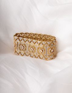 18K Yellow Gold Antique Cut Diamond Cuff Bracelet, Est. 7.75 CTW 7", 1.358 inches wide *final sale* Formal Diamond Oyster Bracelet, Luxury Cuff Bracelet With 17 Jewels For Anniversary, Ceremonial Luxury Gold Jubilee Bracelet, Gold Cuff Bracelet With Jubilee Detail For Formal Events, Gold Cuff Bracelet With Jubilee Design For Formal Events, Gold Cuff Bracelet Jubilee Style For Formal Occasions, Luxury Yellow Gold Ceremonial Bracelets, Luxury Bracelets With Intricate Design, Exquisite Gold Bangle For Formal Occasions