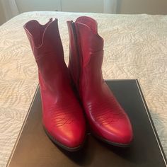 Never Worn. Mia Size 8.5 Short Boots That Would Look Great With Your Favorite Jeans! Original Box Casual Red Boots With Flat Heel, Casual Red Flat Heel Boots, Casual Red High Heel Boots, Burgundy Pointed Toe Casual Boots, Red Ankle-high Boots For Spring, Medium Width Closed Toe Red Boots, Red Medium Width Closed Toe Boots, Red Almond Toe Boots For Spring, Red Medium Width Boots