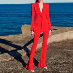 AMY V Neck Long Sleeve Bell-Bottoms Bodycon Suit Designer Runway, Career Fashion, Single Button Blazer, Red Suit, Pants Suit, Women Formals, Red Blazer, Formal Suits, Suit Pants