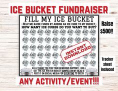 an ice bucket fundraiser flyer with the text, fill my ice bucket how many dollars do you want to buy?