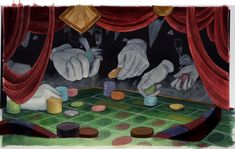 two hands reaching for coins in front of a game table with dices on it