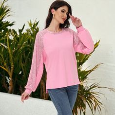 Elevate your casual wardrobe with the Anna-Kaci Women's Casual Sequin Balloon Long Sleeve Blouse. This top features long sleeves adorned with sequins, a loose round neck, and a comfortable, relaxed fit, perfect for adding a touch of sparkle to your party outfits. Trendy Pink Party Blouse, Pink Sequined Tops For Fall, Pink Long Sleeve Blouse For Night Out, Pink Sequined Crew Neck Top, Pink Long Sleeve Top For Night Out, Pink Fall Blouse For Night Out, Pink Party Tops For Fall, Chic Pink Crew Neck Blouse, Feminine Crew Neck Party Tops